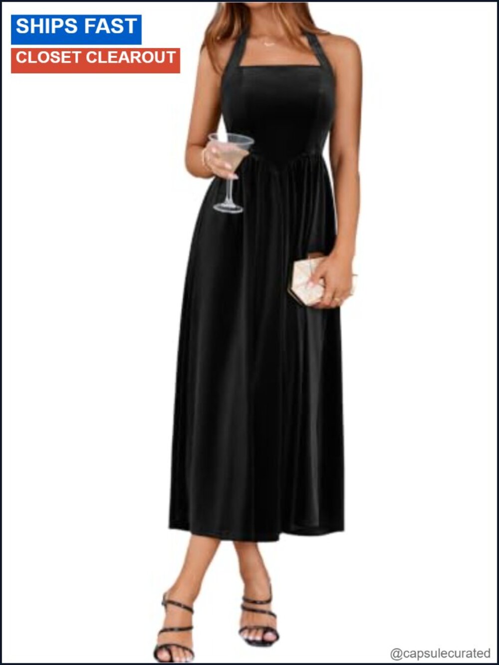 Women's Sleeveless Velvet Halter Maxi Dress Empire Waist A-Line Wedding Guest